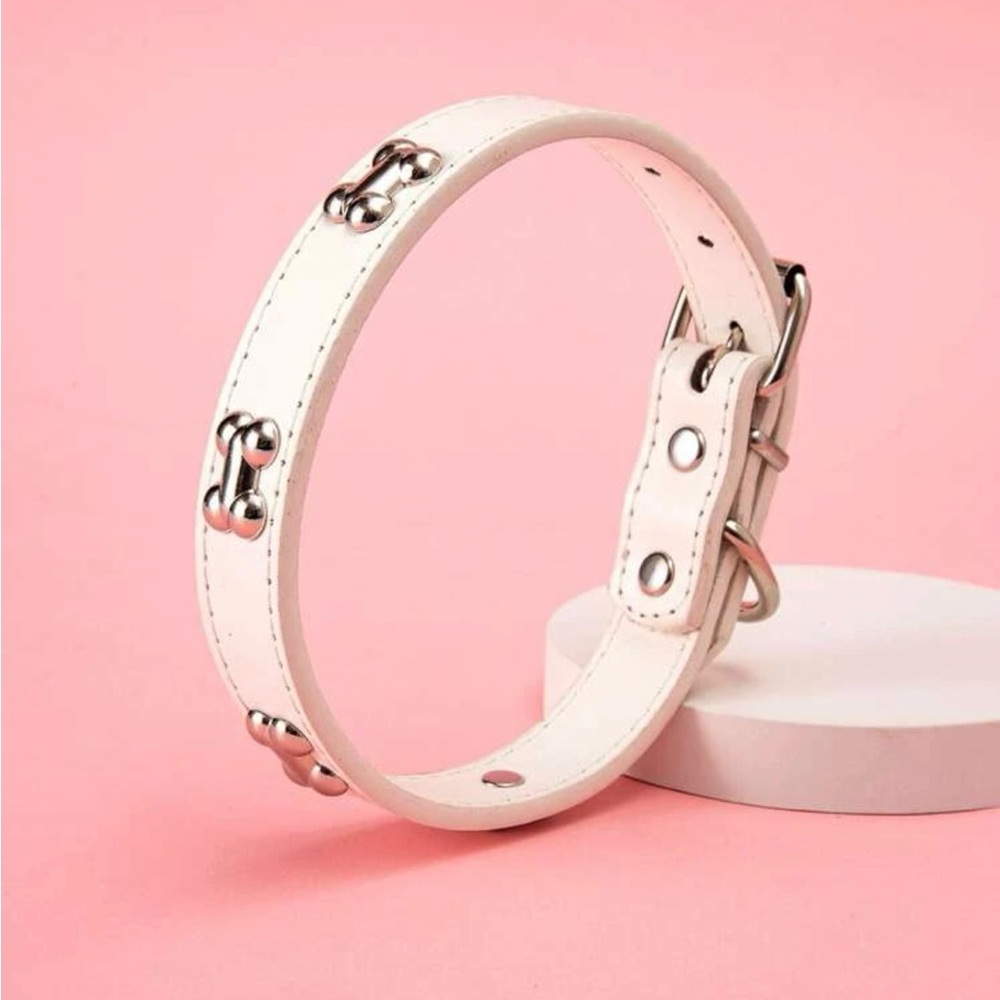 COPY - NWT PET COLLAR WHITE WITH SILVER BONES